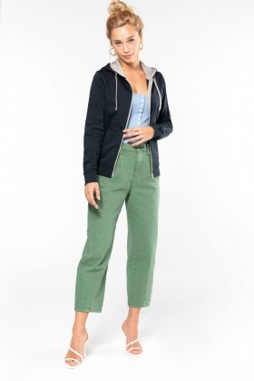K467 - Damessweater met rits en capuchon in contrasterende kleur