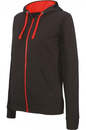 K467 - Damessweater met rits en capuchon in contrasterende kleur - Afbeelding 3